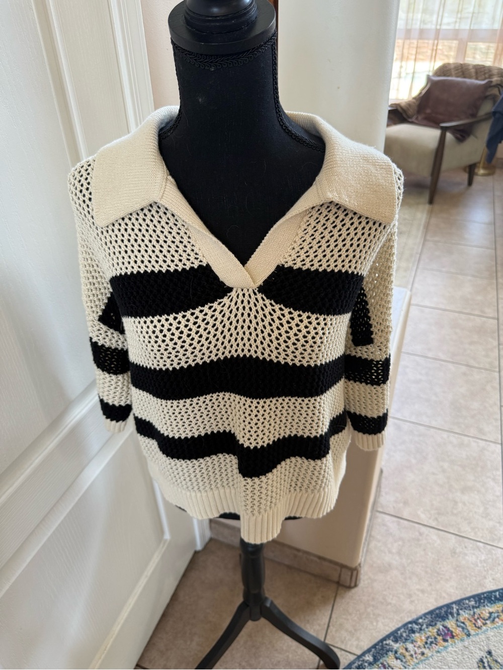 Velvet Graham & Spencer Striped Open-Knit Collared Sweater - Black and Cream